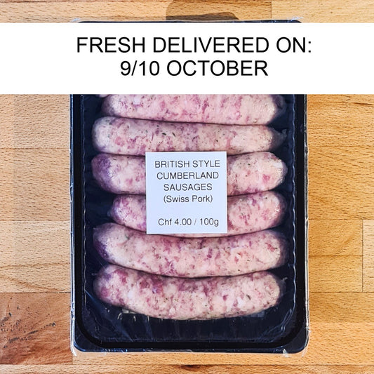 Cumberland Style Sausages (Swiss Pork) pack of 6 (+- 420g)