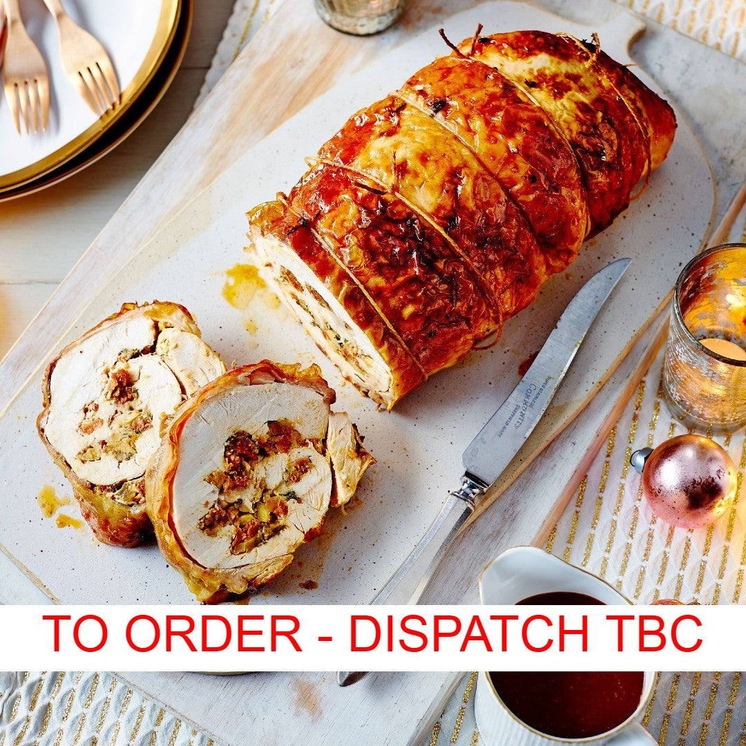 Organic (Swiss) Turkey Roulade filled with homemade onion & sage stuffing, topped with lardon (approx 1 kg - serves between 2 to 4 people) - this product is to order - dispatch TBC