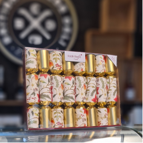Robin Reed 8 x "Gold Floral Robin" Mini Christmas Crackers