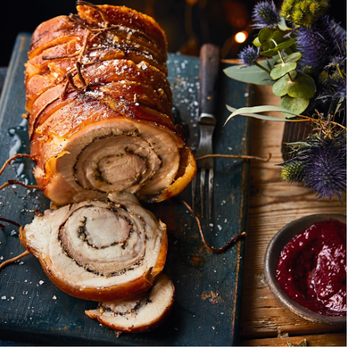 Organic (Swiss) Pork Belly Roulade, herb filled around a pork cutlet, with crackling (skin on) (approx 1.5 kg - 4 to 6 persons)