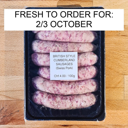 Cumberland Style Sausages (Swiss Pork) pack of 6 (+- 440g) *PREORDERS FOR 2/3 OCTOBER