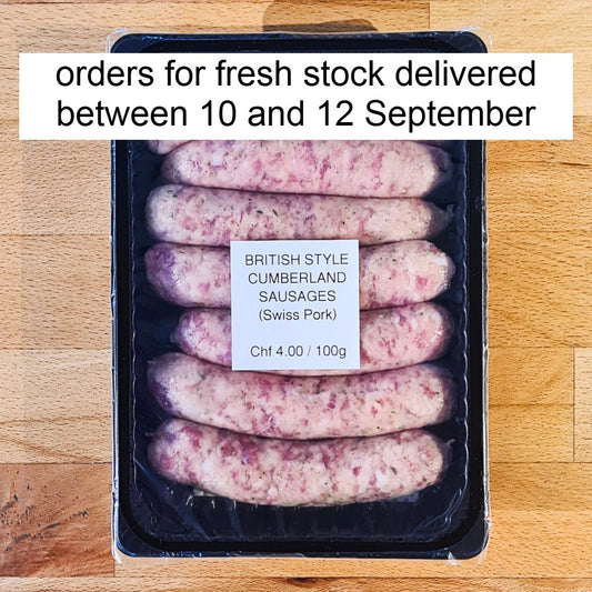 Cumberland Style Sausages (Swiss Pork) pack of 6 (+- 420g)
