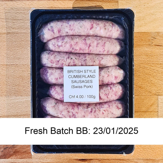 Cumberland Style Sausages (Swiss Pork) pack of 6 (+- 420g)