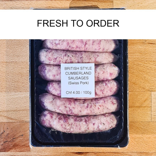 Cumberland Style Sausages (Swiss Pork) pack of 6 (+- 420g)