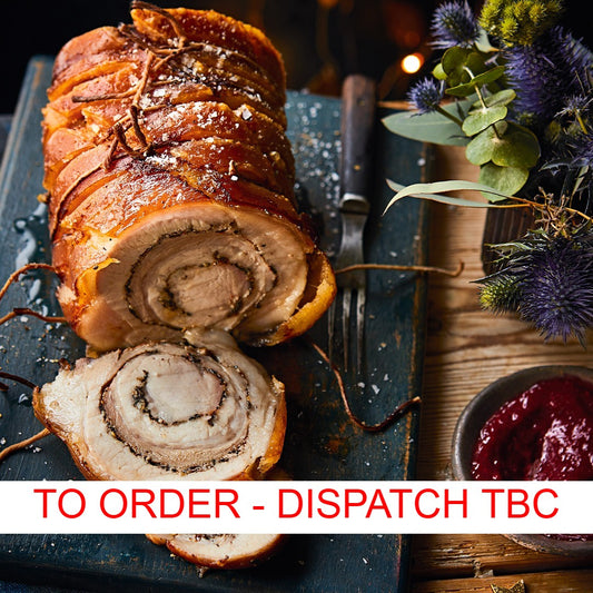 Organic (Swiss) Pork Belly Roulade, herb filled around a pork cutlet, with crackling (skin on) (approx 1 kg - 2 to 4 persons) - this product is to order - dispatch TBC