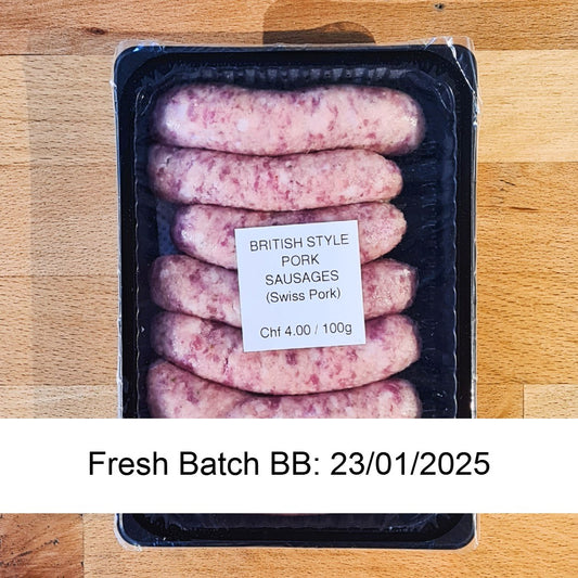 British Style Plain Pork Sausages (Swiss Pork) pack of 6 (+- 420g)