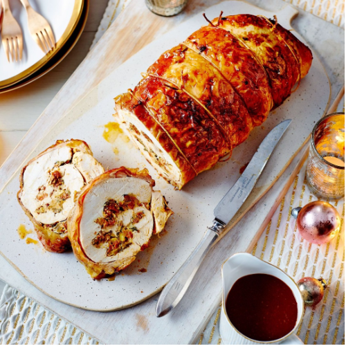 Organic (Swiss) Turkey Roulade filled with homemade onion & sage stuffing, topped with lardon (approx 1 kg - serves between 2 to 4 people)